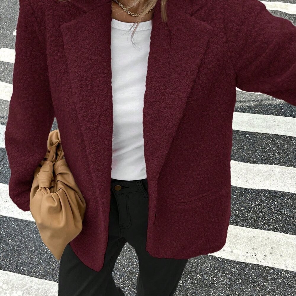Burgundy Casual Women's Textured Notched Collar Blazer Jacket - Picture 6 of 7
